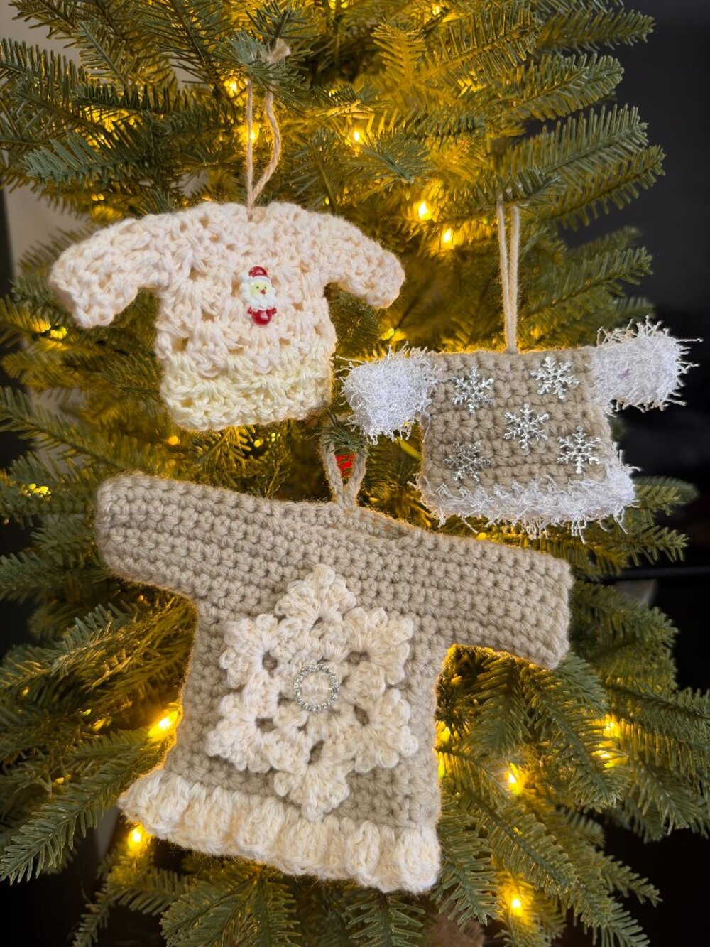 Handmade Crochet Ugly Christmas Sweaters Hanging Beige Cream Ornaments Set of 3